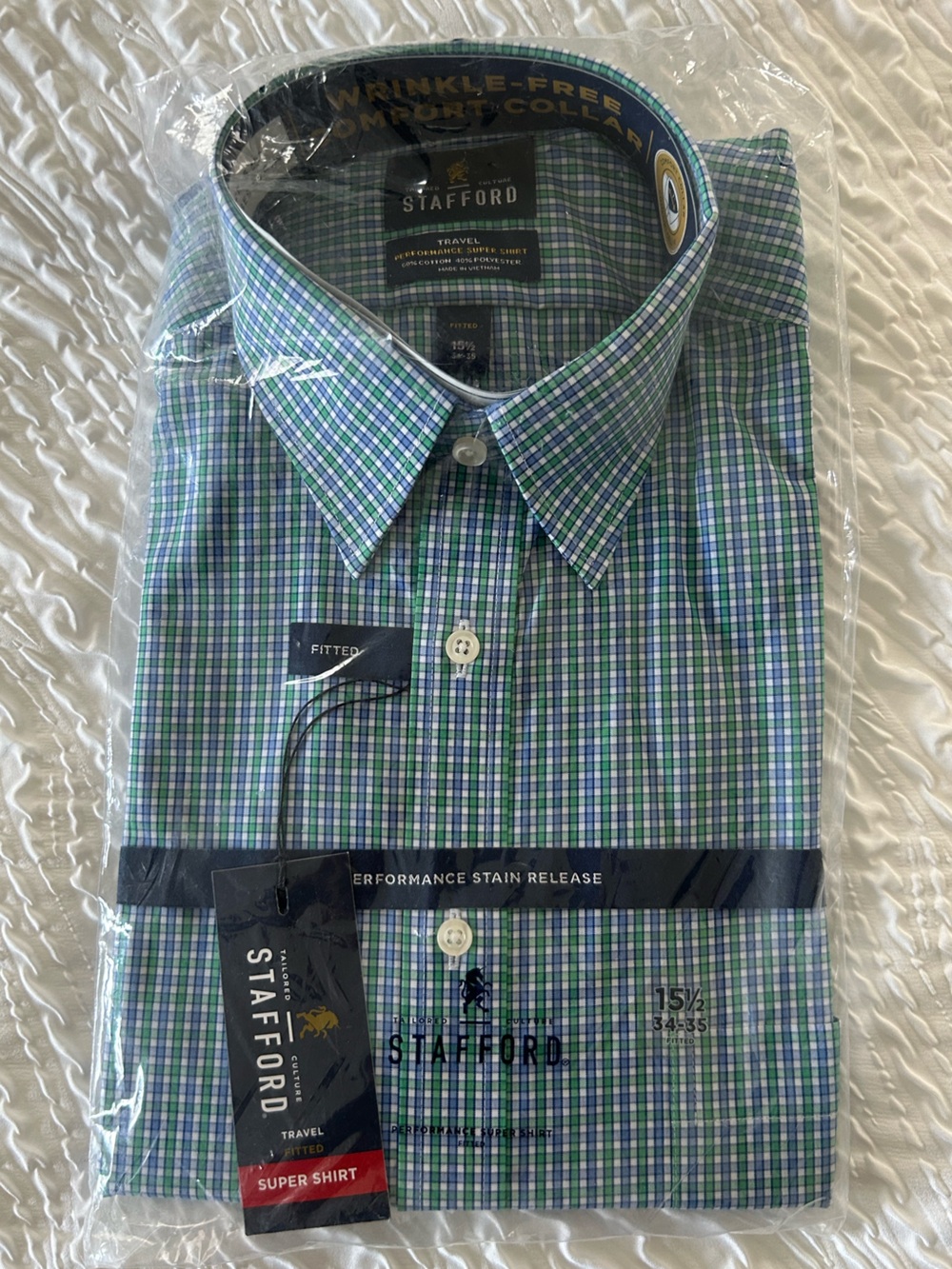 Stafford Green and Blue Check Travel Dress Shirt - Size 15-1/2, 34-35